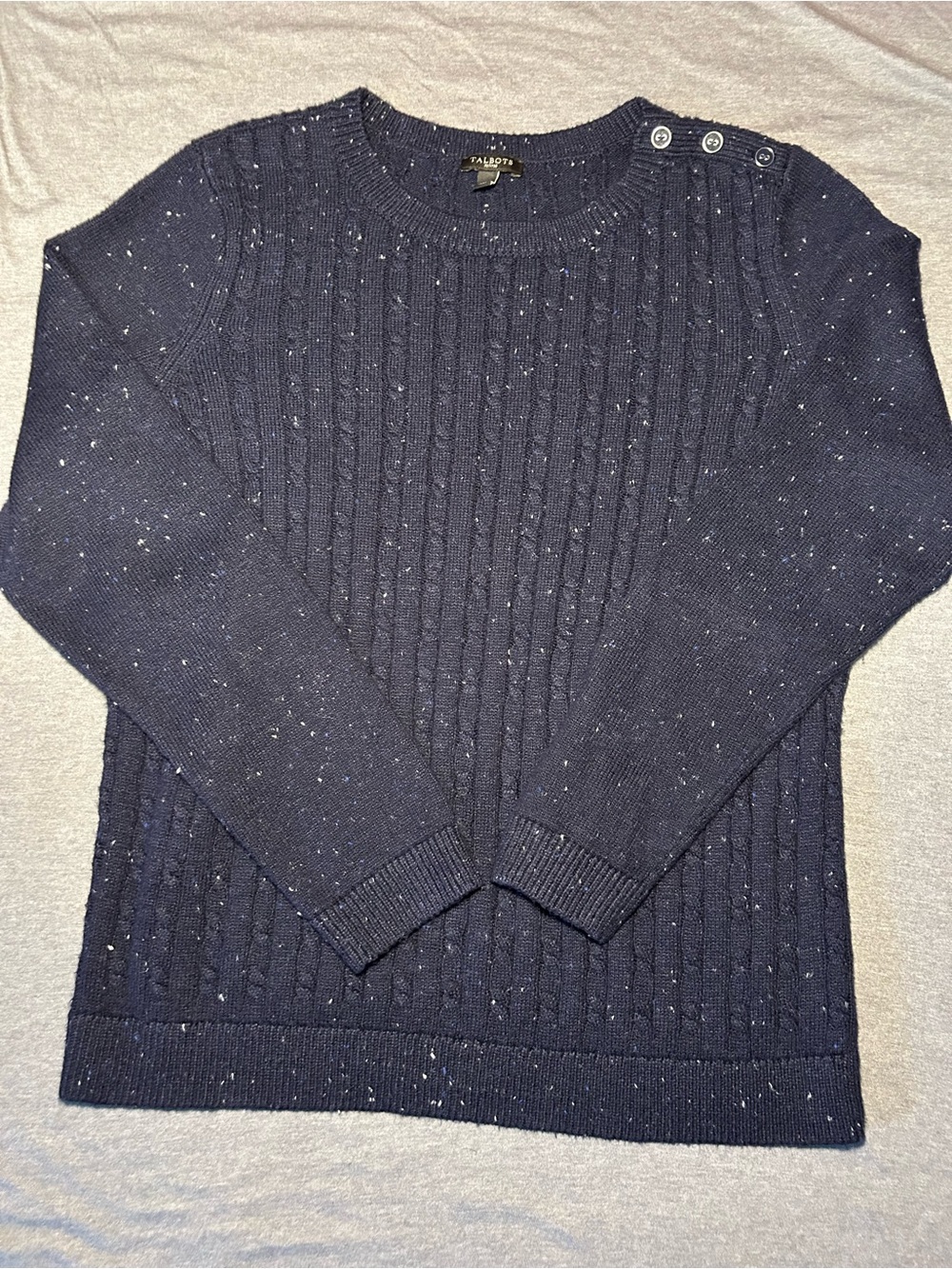 Talbots Navy Speckled Cable Crewneck Sweater with Shoulder Buttons